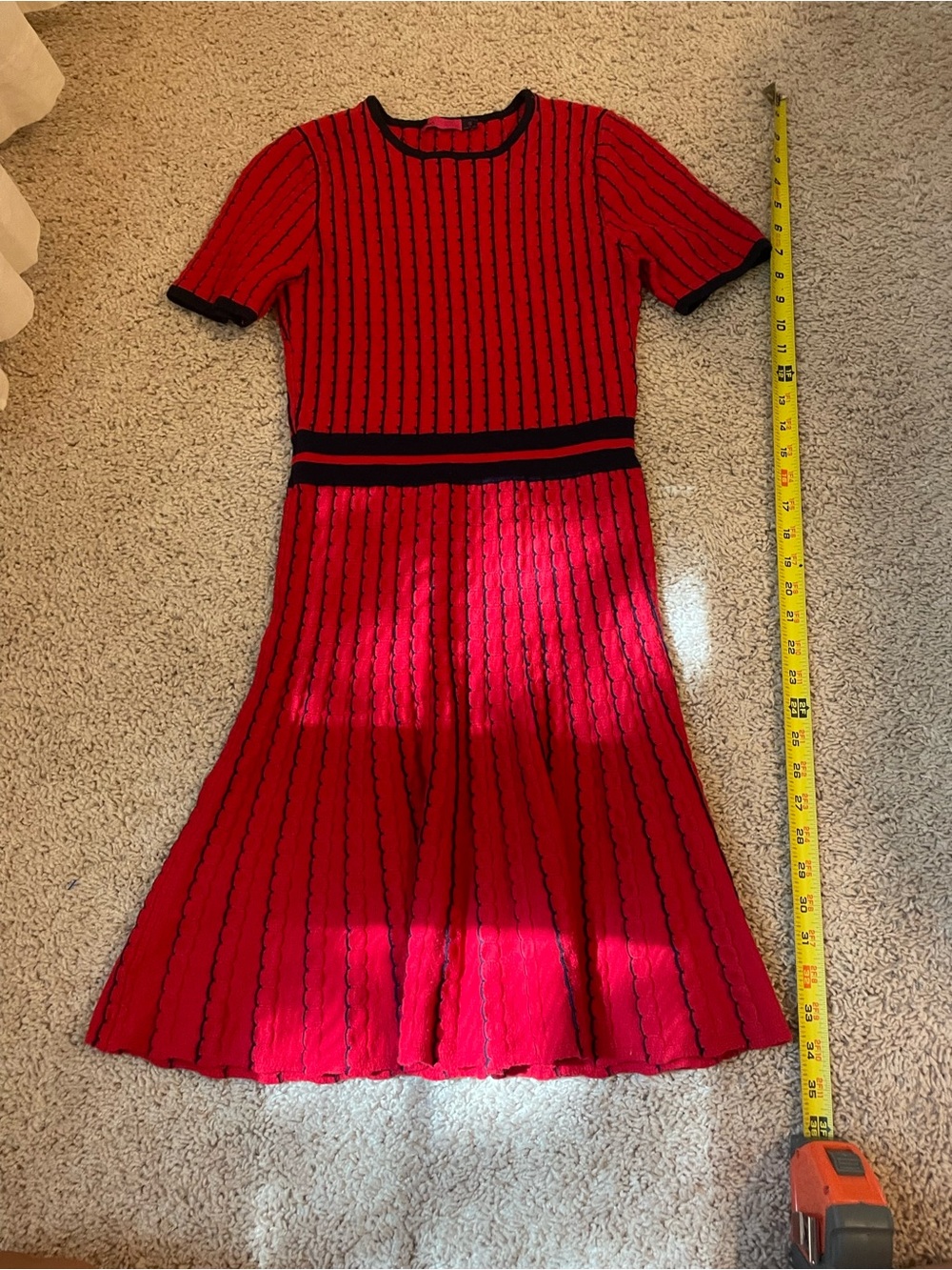 Red Short Midi Dress with Black Trim- Waistband Very Flattering! Size S by AVA